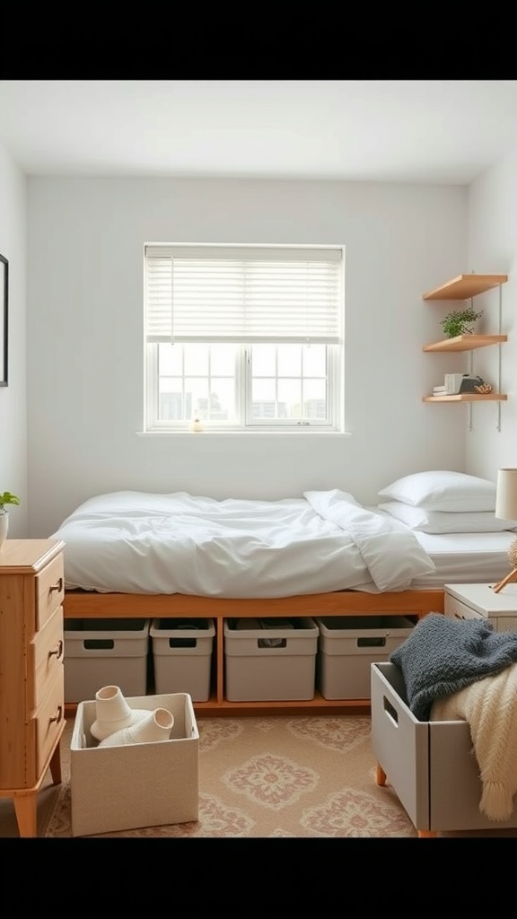A cozy bedroom with under-bed storage bins and a neatly made bed.