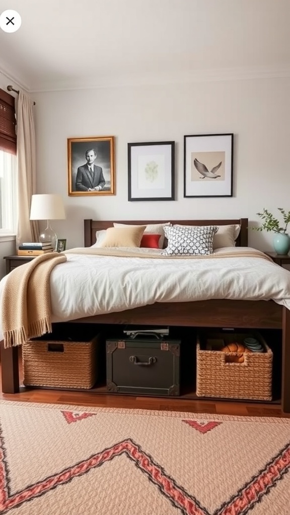 A cozy bedroom with a bed featuring under-bed storage baskets and a decorative rug.