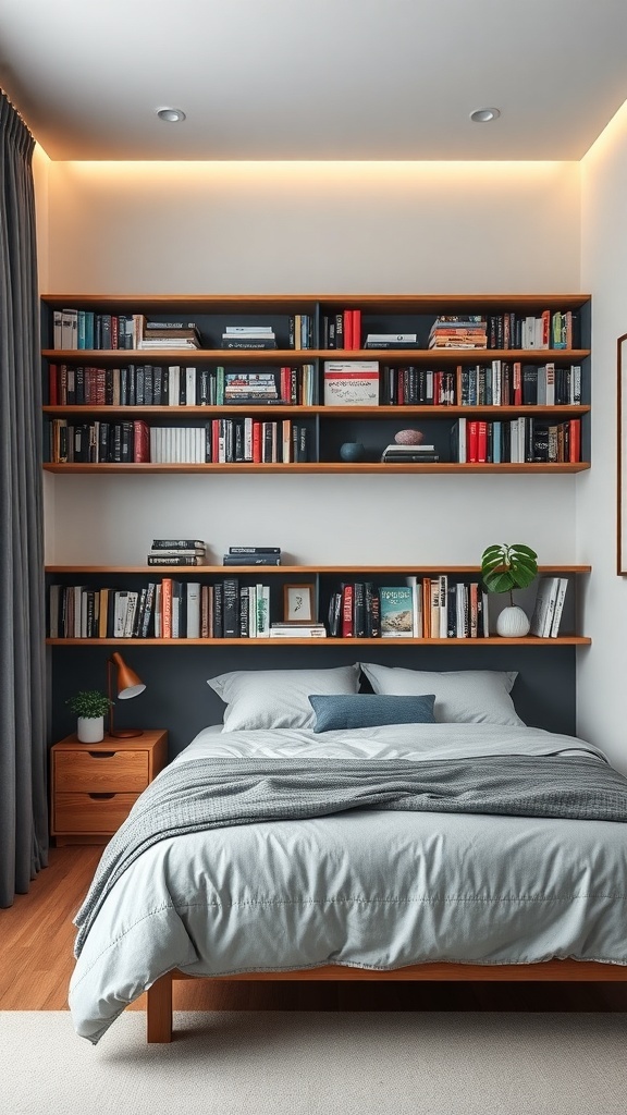 A cozy bedroom featuring floating bookshelves above a bed with warm lighting.