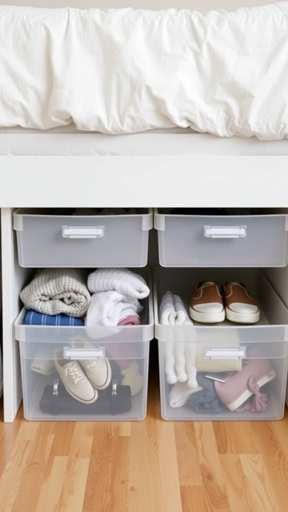 Organized under-bed storage with bins and shoes.