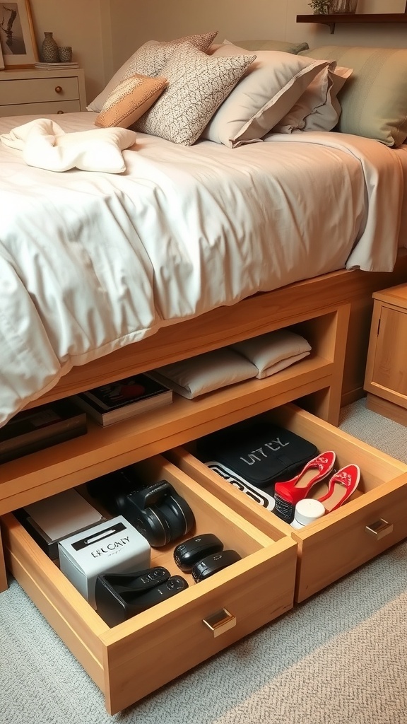 Image showing a cozy bed with under-bed storage drawers filled with shoes and clothes.