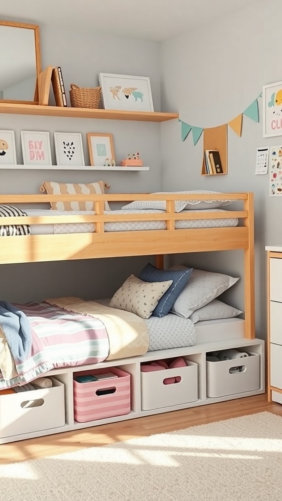A cozy kids bedroom featuring a lofted bed with under-bed storage bins.