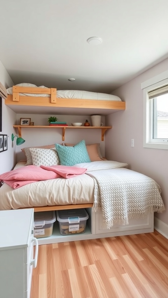 A cozy bedroom with a bed elevated for under-bed storage, featuring clear storage bins underneath.