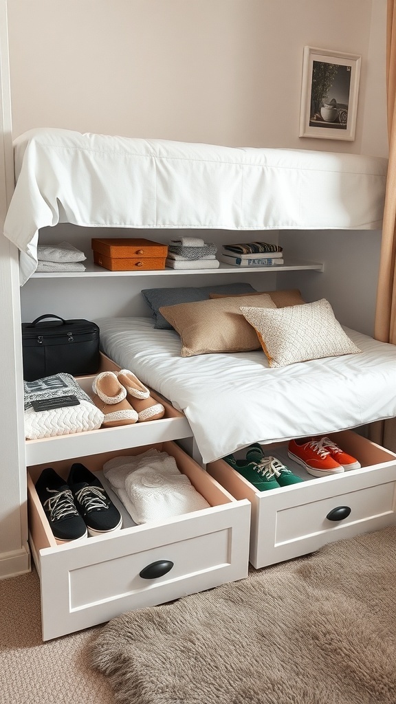 A small bedroom with under-bed storage featuring drawers and shelves, showcasing organized items like shoes and towels.