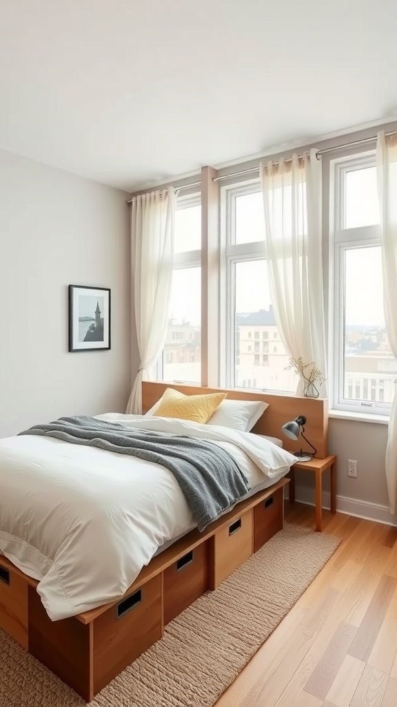 A cozy bedroom featuring a bed with under-bed storage drawers, showcasing a clean and organized space.