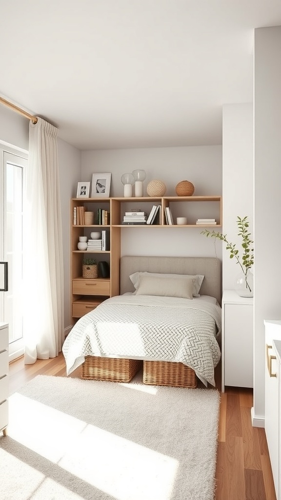 A cozy bedroom with a bed featuring under-bed storage baskets.