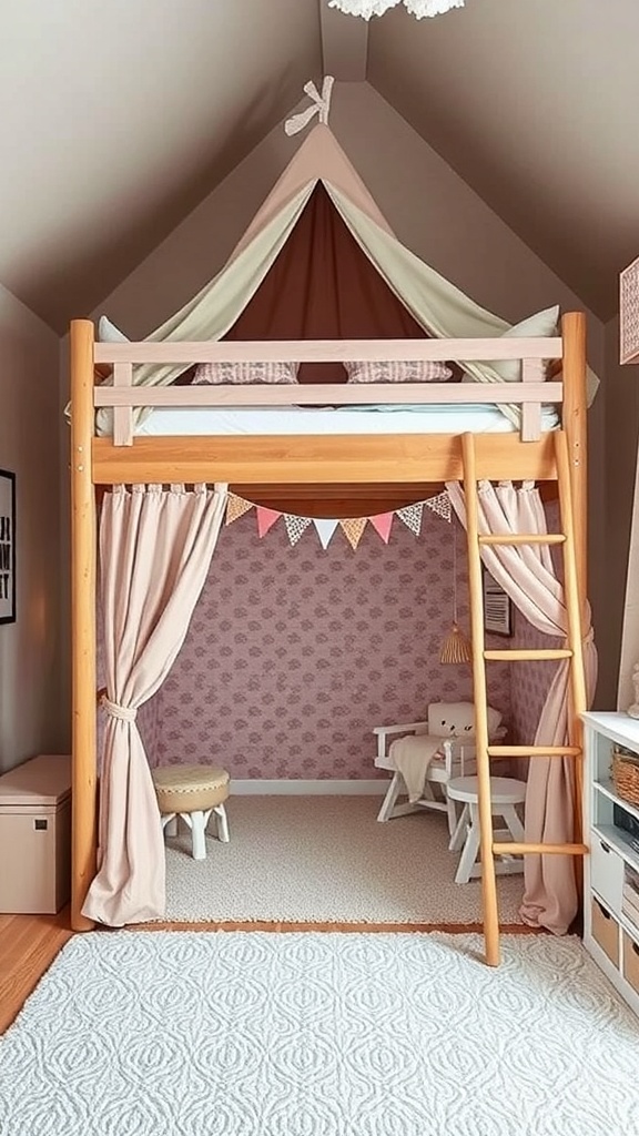Loft bed with an under-bed tent, featuring pastel colors and a cozy play area underneath.