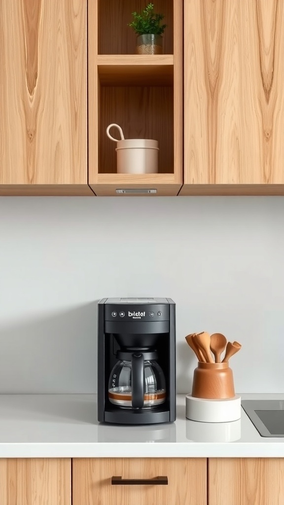A compact coffee machine on a countertop with wooden cabinets above, featuring a potted plant and kitchen utensils.
