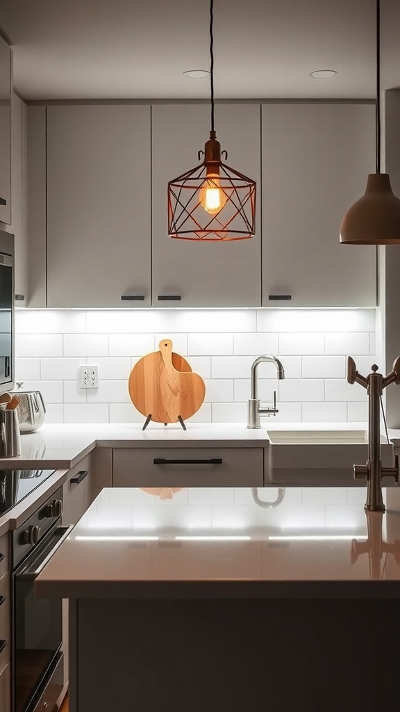 A modern kitchen with under-cabinet lighting illuminating the countertop.