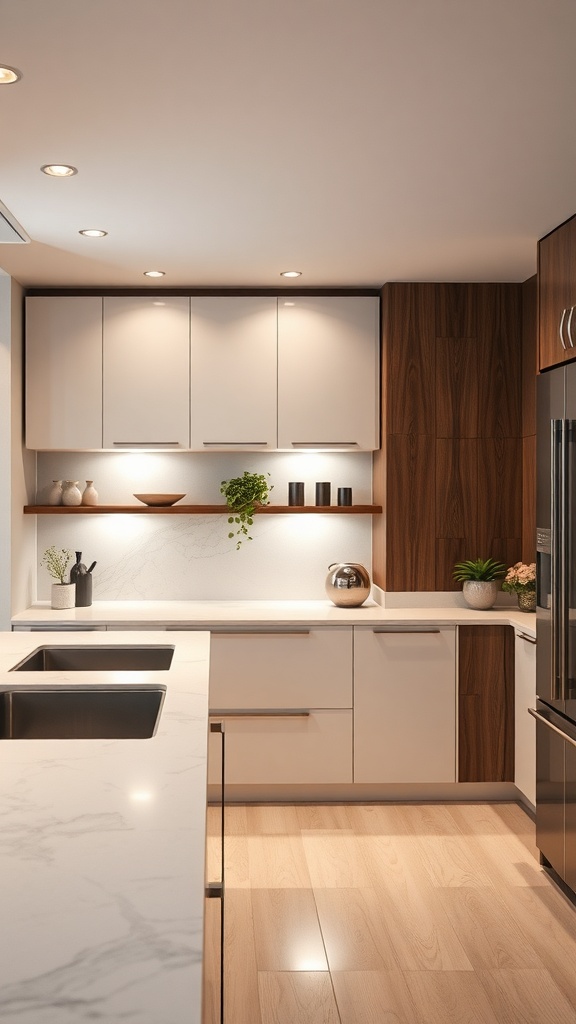 A modern kitchen with under-cabinet lighting illuminating the countertop.