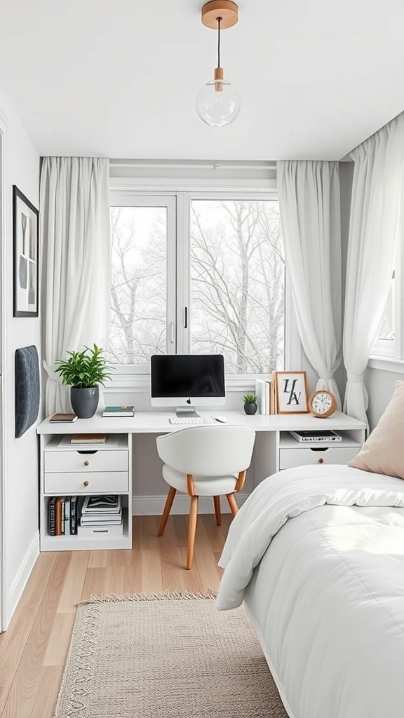 A modern workspace with a desk featuring drawers and open shelves, surrounded by natural light.