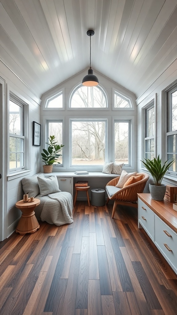 Ein heller Raum mit großen Fenstern, gemütlichen Möbeln und Holzfußboden, ideal für Unterbodenlagerung.