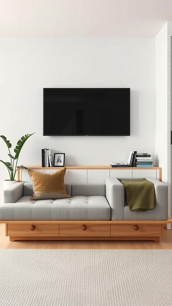 A modern sofa with under-seat storage, featuring a light gray cushion and wooden accents, set against a minimalist backdrop.