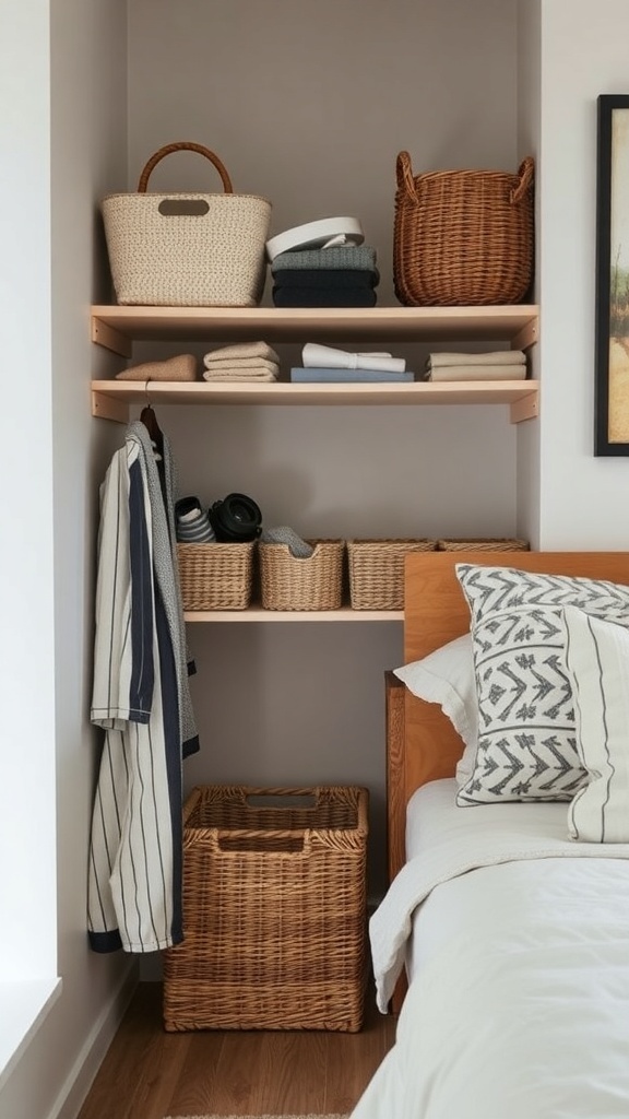 Image showing under-shelf baskets in a small bedroom storage setup.
