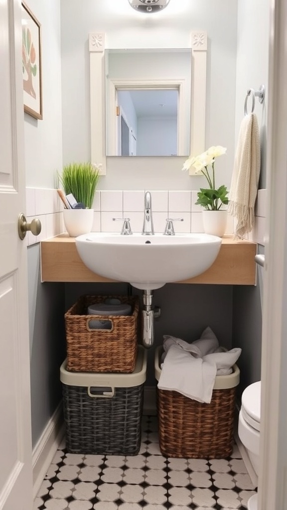 A small bathroom featuring a pedestal sink, a mirror, and woven baskets for under-sink storage.