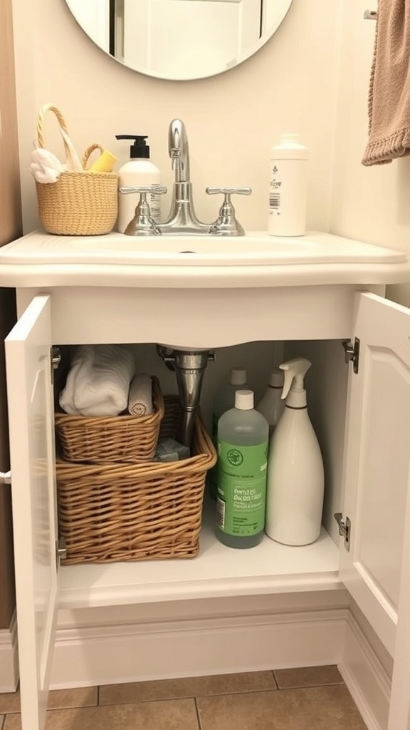 A clean under-sink storage area with a white cabinet, showcasing organized cleaning supplies and personal care items in baskets.
