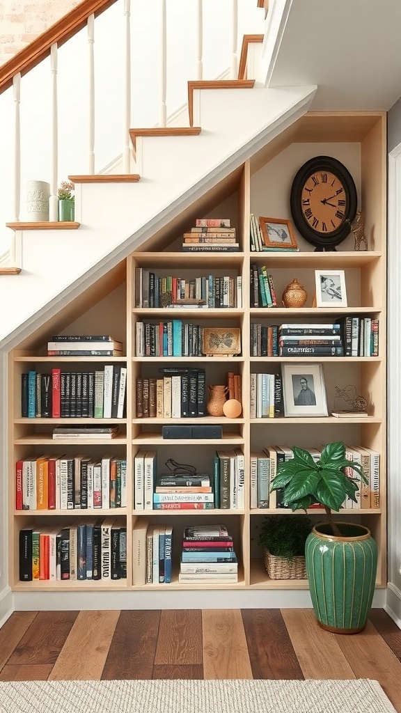 A stylish under-stair bookshelf filled with books and decorative items, featuring a plant and a clock.