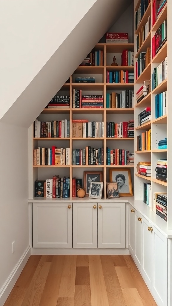 A stylish under-stair bookshelf with neatly arranged books and framed photos.