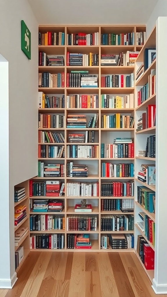 A stylish under-stair bookshelf filled with colorful books, showcasing an organized and modern design.