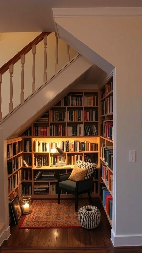 Cozy under-stair bookshelf with a bed and plants