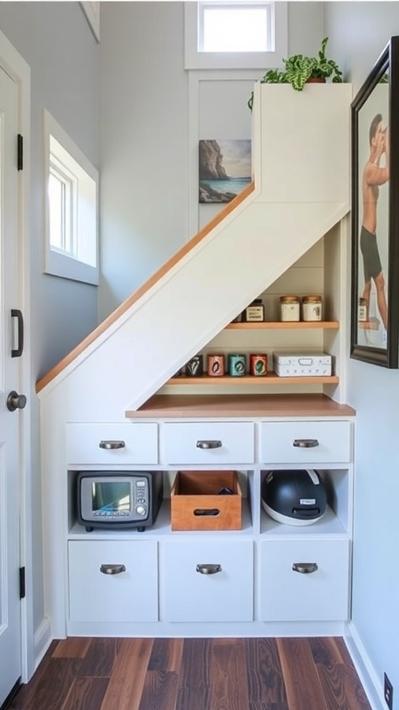Under-stair storage solution with a bench and cubbies for shoes.