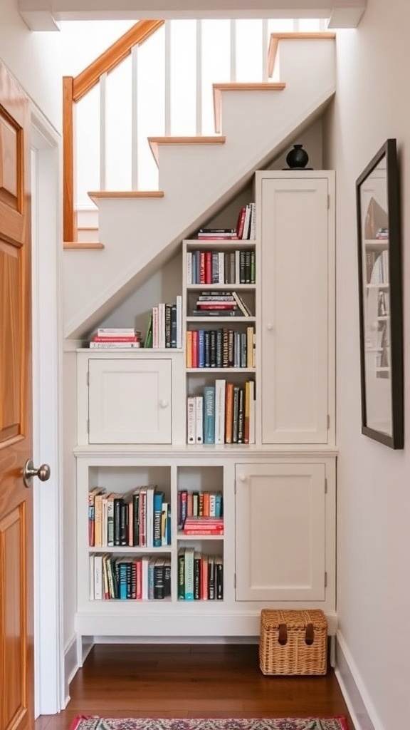 Stylish under-stair bookshelf with open and closed storage options