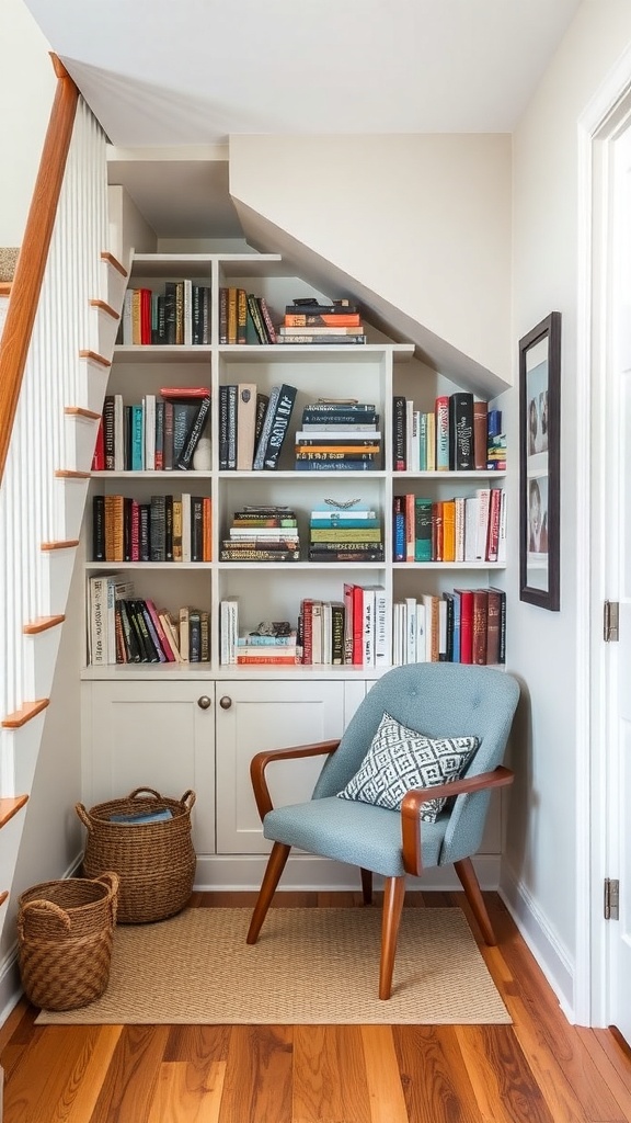 A cozy under-stair bookshelf filled with books, a comfortable chair, and storage baskets.