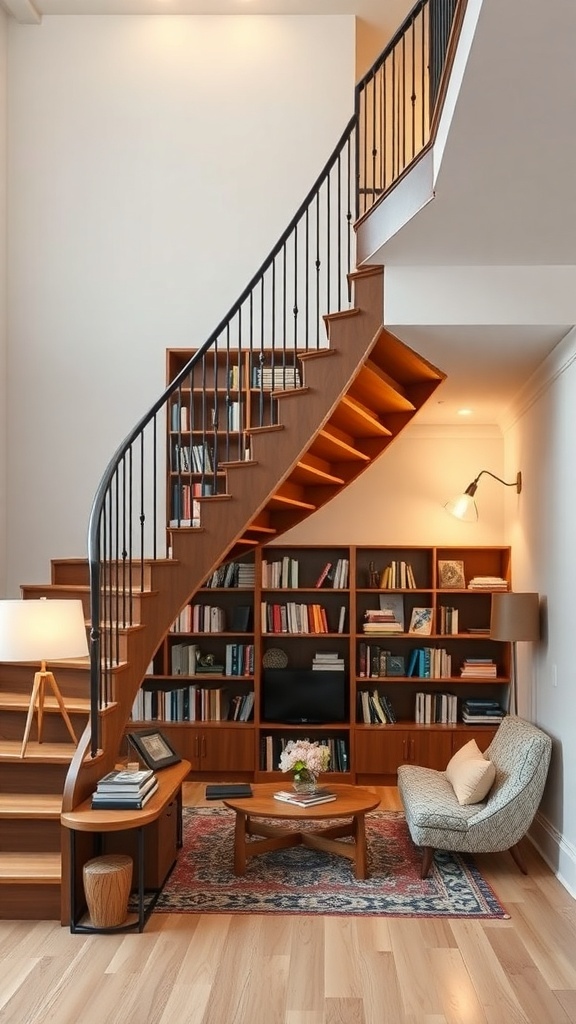 A cozy under-staircase library nook with wooden shelves filled with books, a comfortable armchair, and a small coffee table.