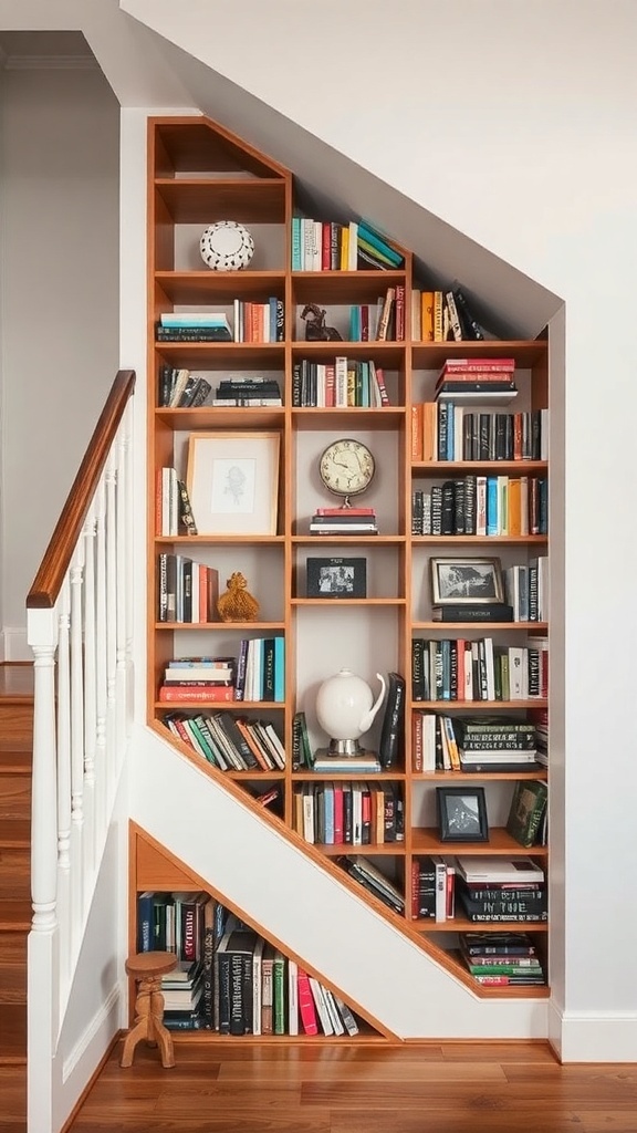Under-stairs bookshelf with wooden shelves filled with books and decorative items