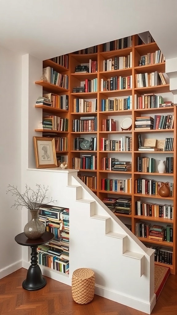 A stylish under stairs bookshelf made of wood, filled with books, next to a small table and decorative items.