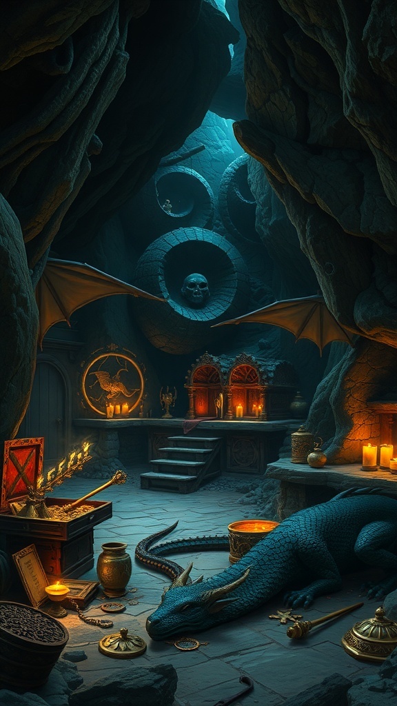 An underground dragon lair filled with treasures, a blue dragon resting, and mystical artifacts.