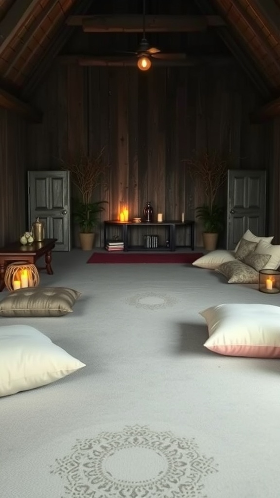 A cozy meditation zone with soft pillows, wooden walls, and warm lighting.
