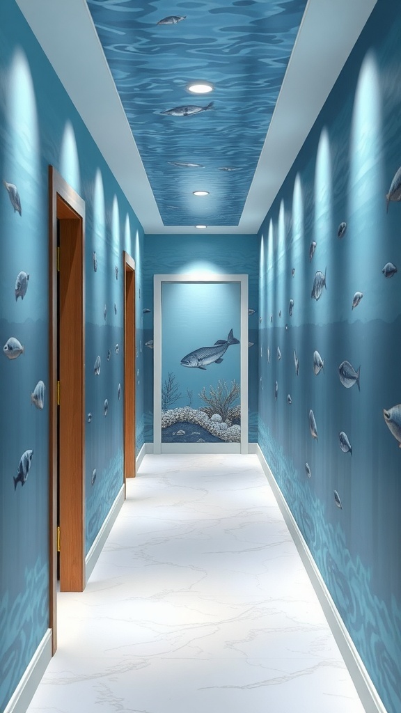 A hallway with blue walls and ceiling designed to resemble an underwater scene, featuring fish and coral designs.