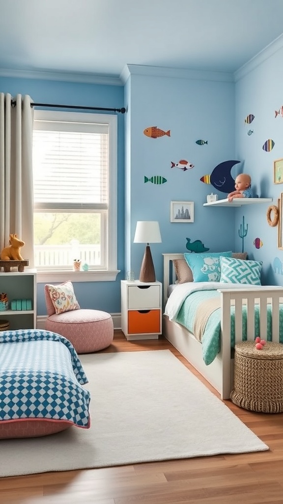 A children's bedroom with an underwater adventure theme, featuring blue walls, fish decals, and cozy bedding.