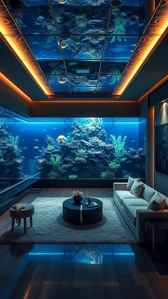 A luxurious lounge area featuring a large aquarium filled with marine life, complemented by warm lighting and comfortable seating.