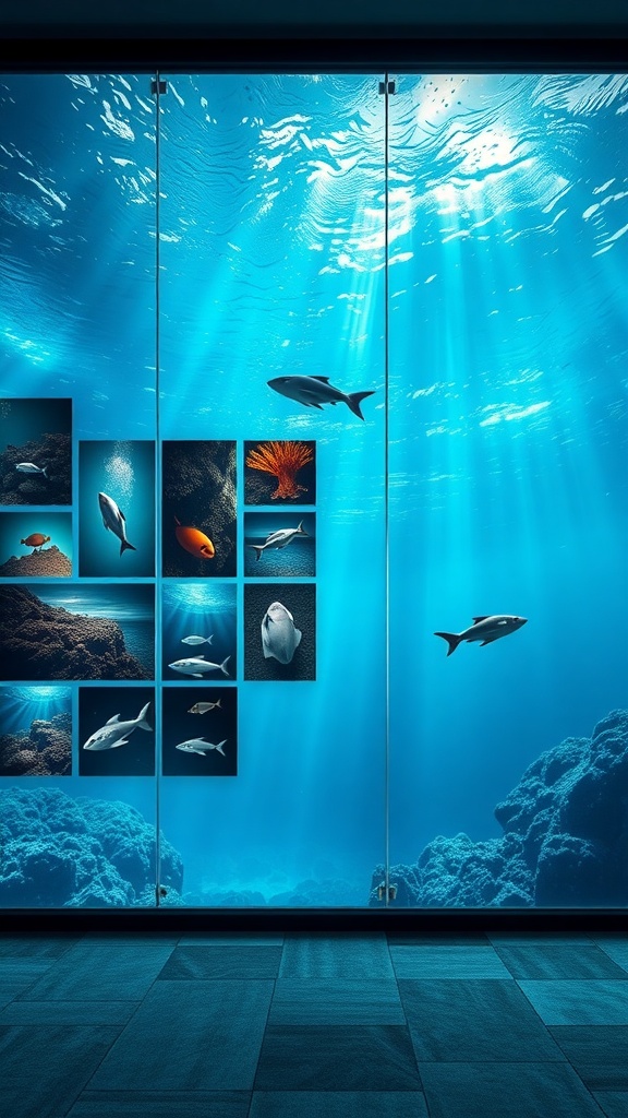 An interior view featuring underwater photography with fish and coral displayed on walls, creating an oceanic atmosphere.