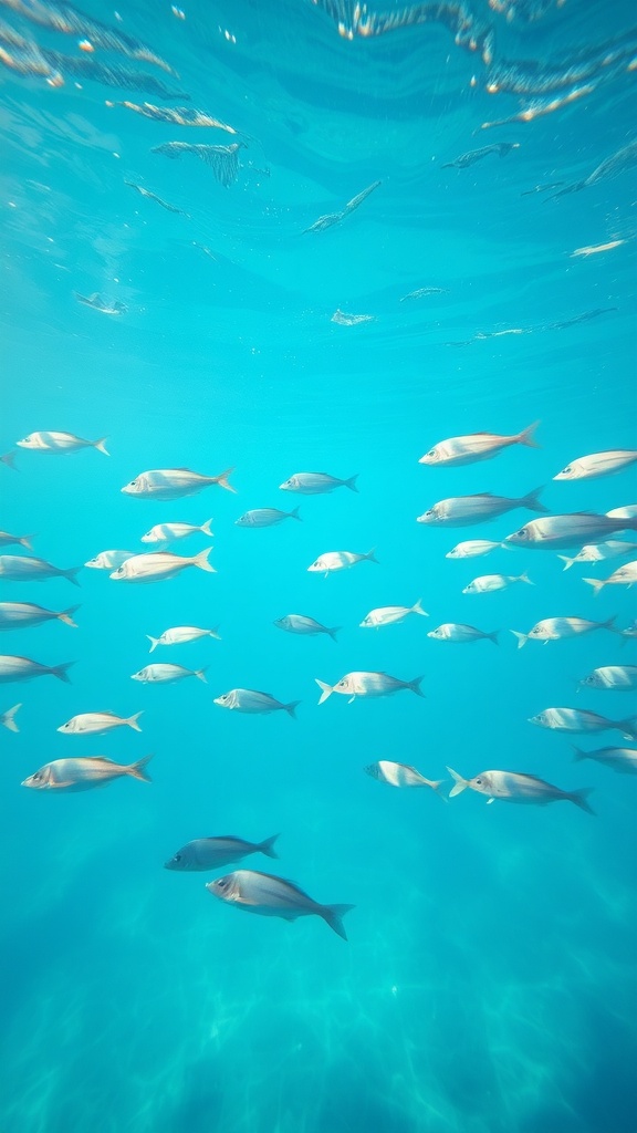 Underwater view of a school of fish swimming in clear blue water