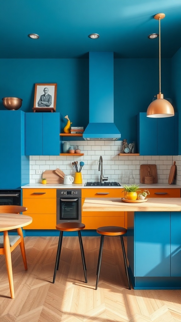 A vibrant kitchen featuring bold blue cabinets and ceiling with bright orange accents, showcasing a playful and eclectic design.