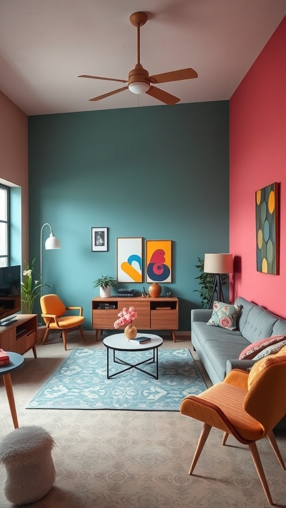 A modern living room featuring teal and pink walls, gray sofa, orange chairs, and colorful artwork.