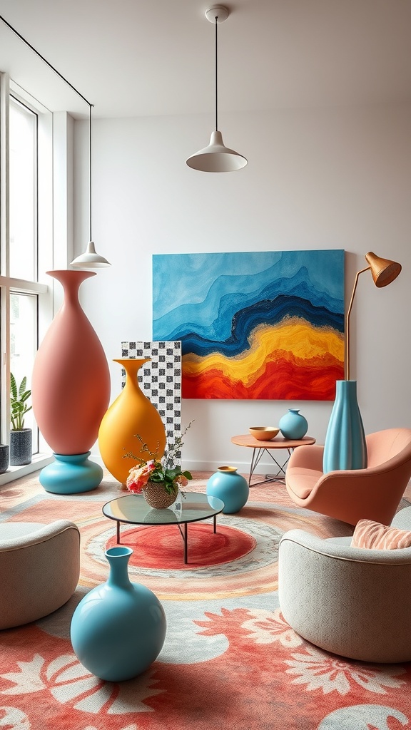 A modern surrealism living room featuring colorful vases, abstract art, and cozy seating.