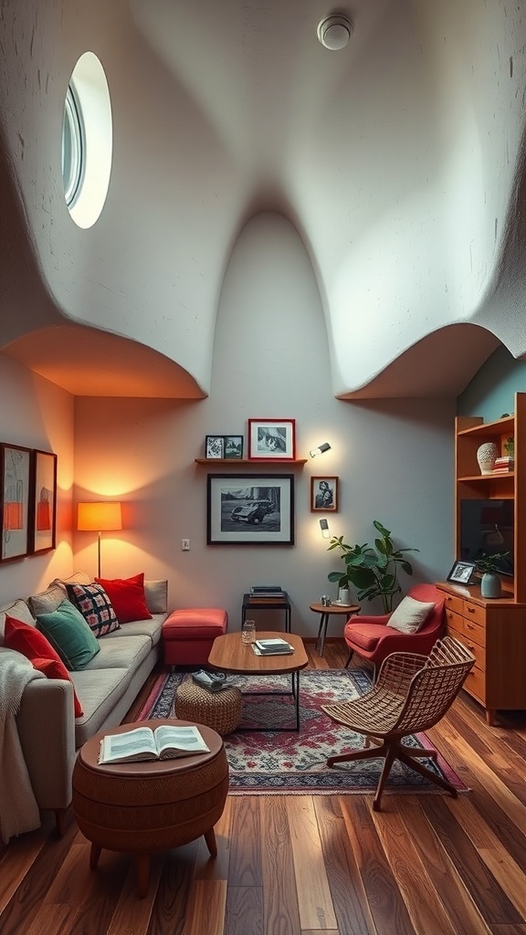 A cozy living room featuring unique curved walls and a round window, showcasing modern surrealism decor.