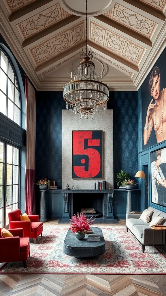 Ein stilvolles Wohnzimmer mit einer beeindruckenden Decke, dunklen Wänden und roten Möbeln.
