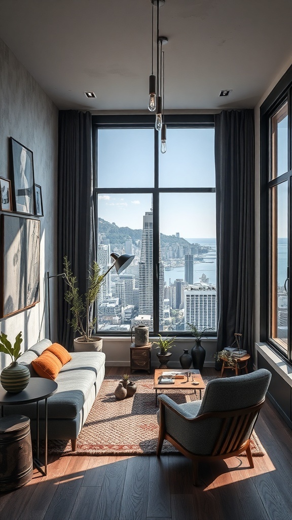 Ein stilvoller Wohnraum mit großen Fenstern, einer Couch und Pflanzen, die eine moderne Atmosphäre schaffen.
