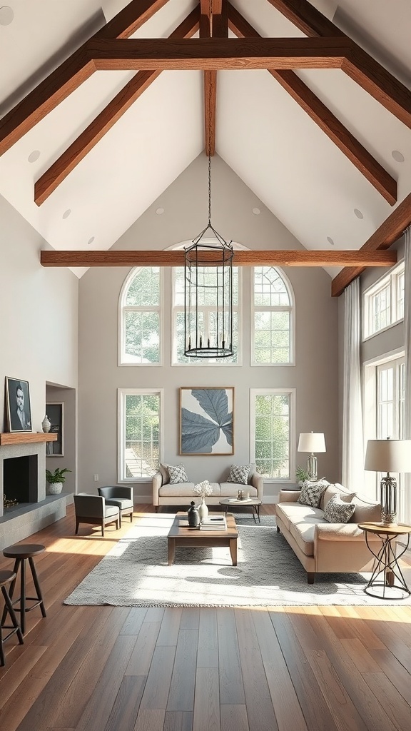 A spacious living room with high vaulted ceilings, wooden beams, large windows, and cozy furniture.