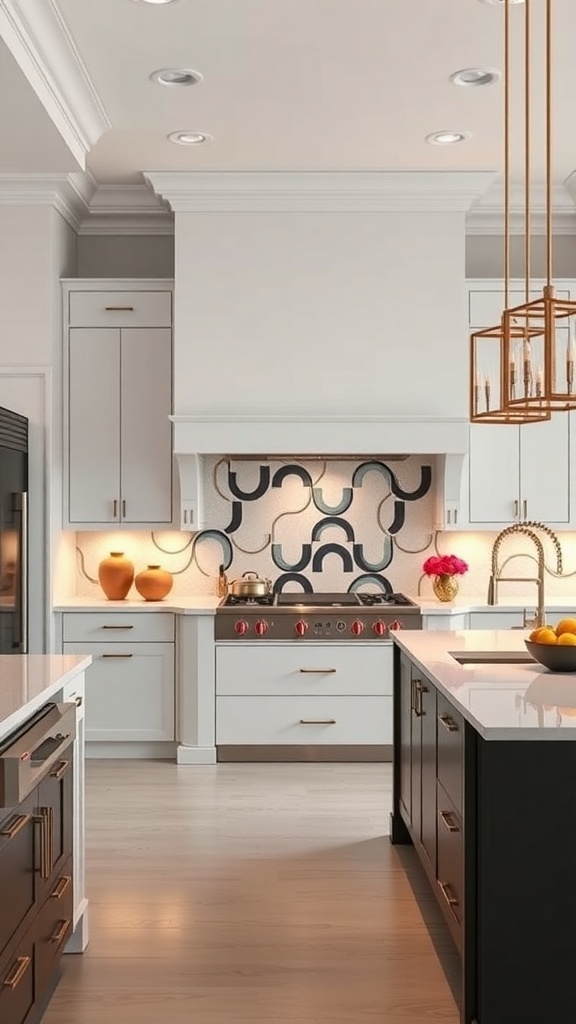 Modern kitchen with a unique navy blue patterned backsplash