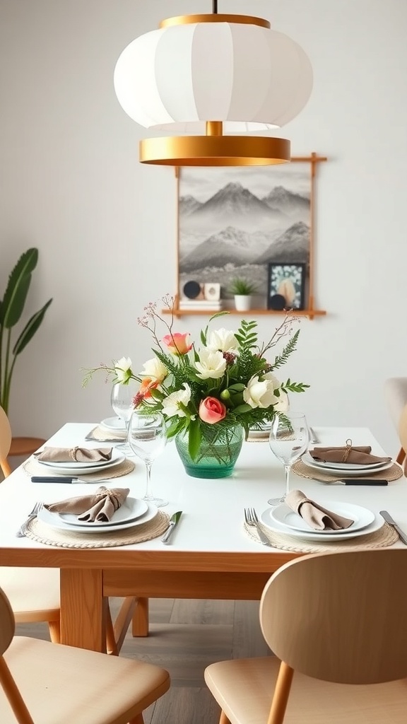 A dining table set with a floral centerpiece, elegant tableware, and a stylish lamp overhead.