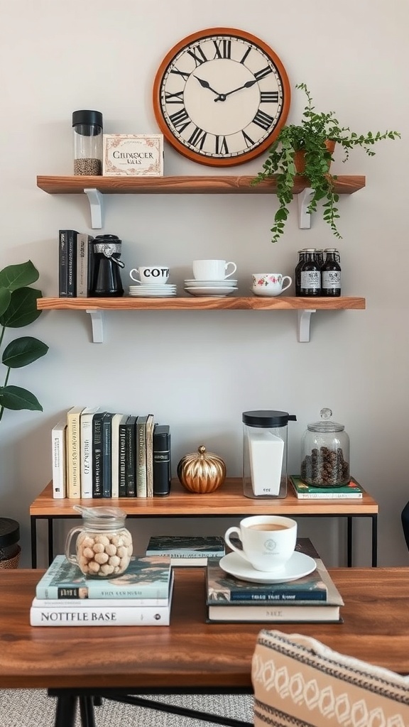 A cozy coffee bar setup with wooden shelves, a clock, coffee cups, and decorative items.