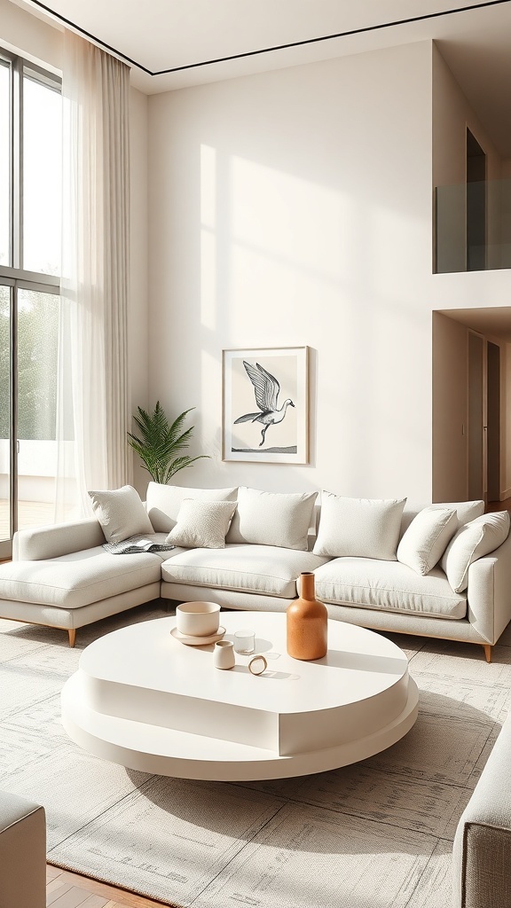 Ein modernes Wohnzimmer mit einem runden, hellen Kaffeetisch und einem bequemen Sofa.