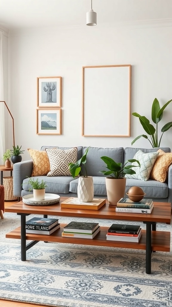 A cozy living room with a stylish coffee table display featuring books, plants, and decorative items.