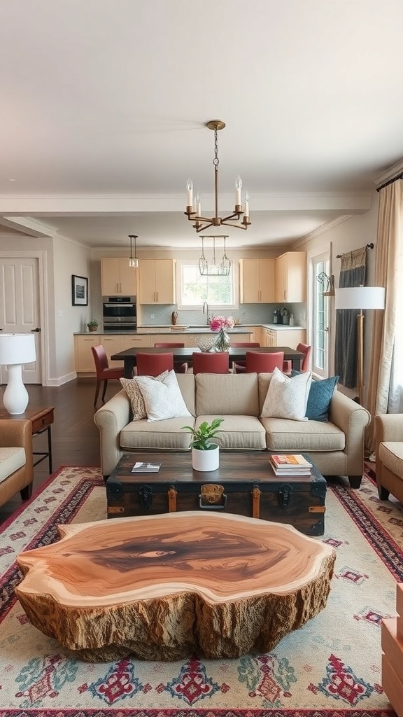 A cozy living room featuring a unique wooden coffee table, a vintage trunk, and a vibrant rug.